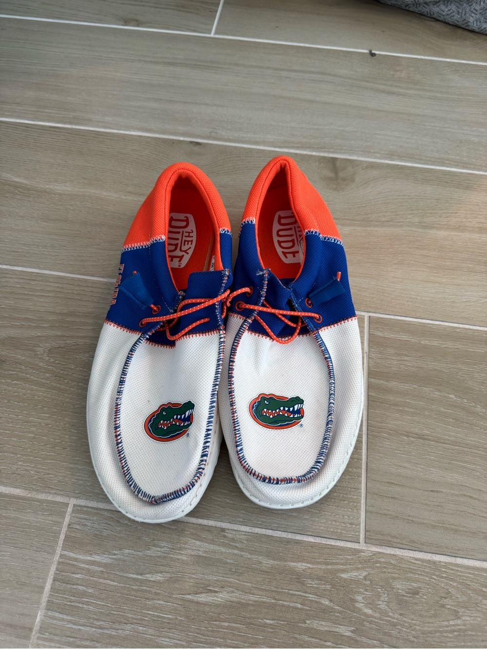 Hey Dude White & Blue Boat Shoes with Orange Accents